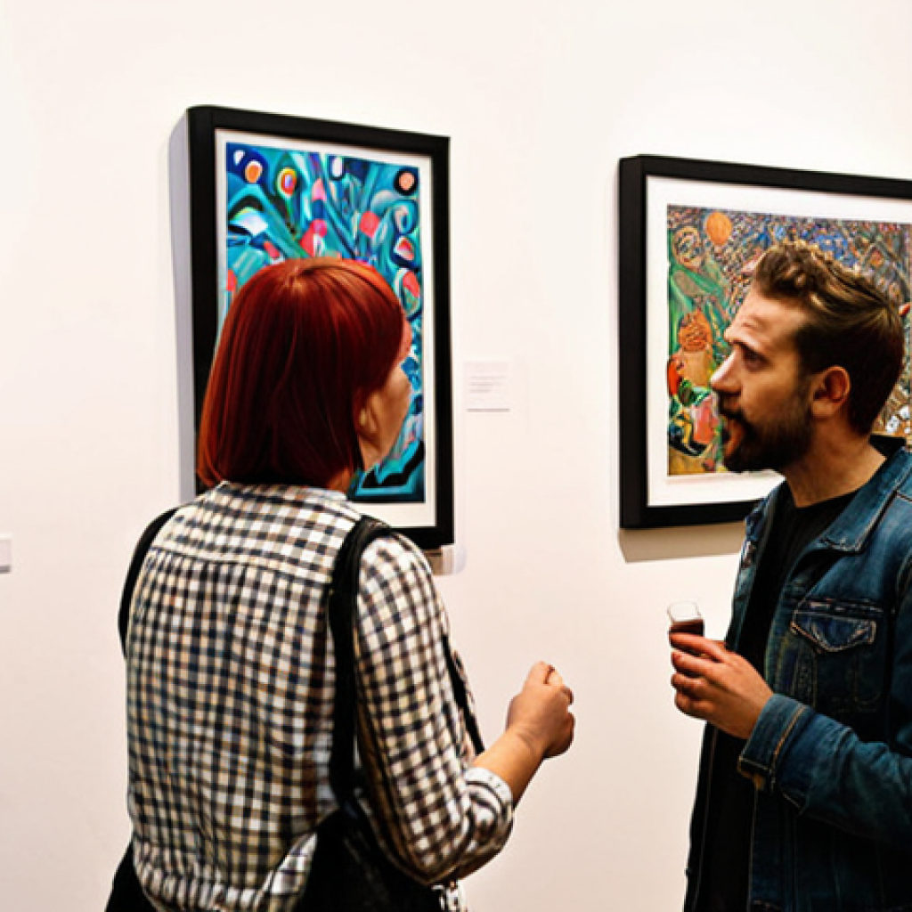 **Prompt:** A vibrant vernissage scene in a Berlin-Kreuzberg art gallery. Artists and attendees mingle, surrounded by modern art. Focus on the creative atmosphere and the sense of community.