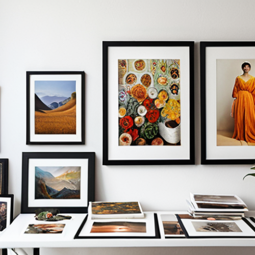 **Artist's Portfolio Presentation:** A well-lit studio. On a clean white wall hangs a curated selection of the artist's best work - a mix of paintings and high-quality photographic prints. Soft, diffused light highlights the textures and colors, conveying a sense of professionalism and artistic vision. Focus on composition, color harmony, and visual appeal.