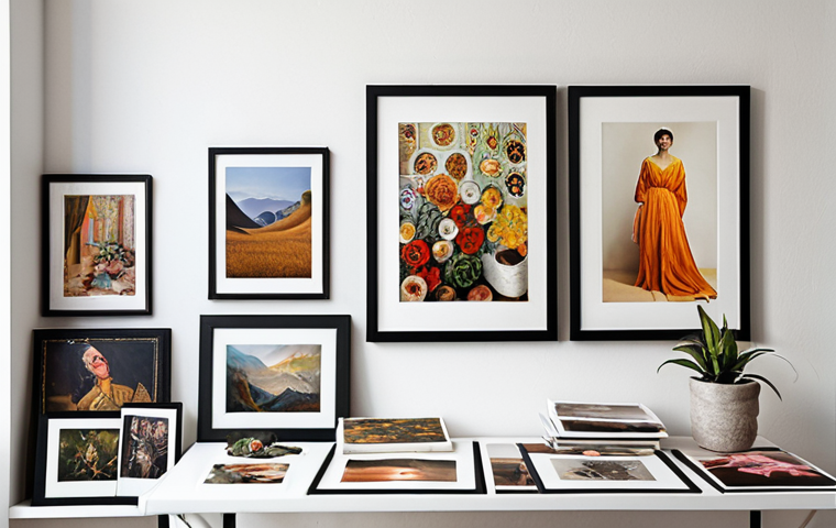 **Artist's Portfolio Presentation:** A well-lit studio. On a clean white wall hangs a curated selection of the artist's best work - a mix of paintings and high-quality photographic prints. Soft, diffused light highlights the textures and colors, conveying a sense of professionalism and artistic vision. Focus on composition, color harmony, and visual appeal.