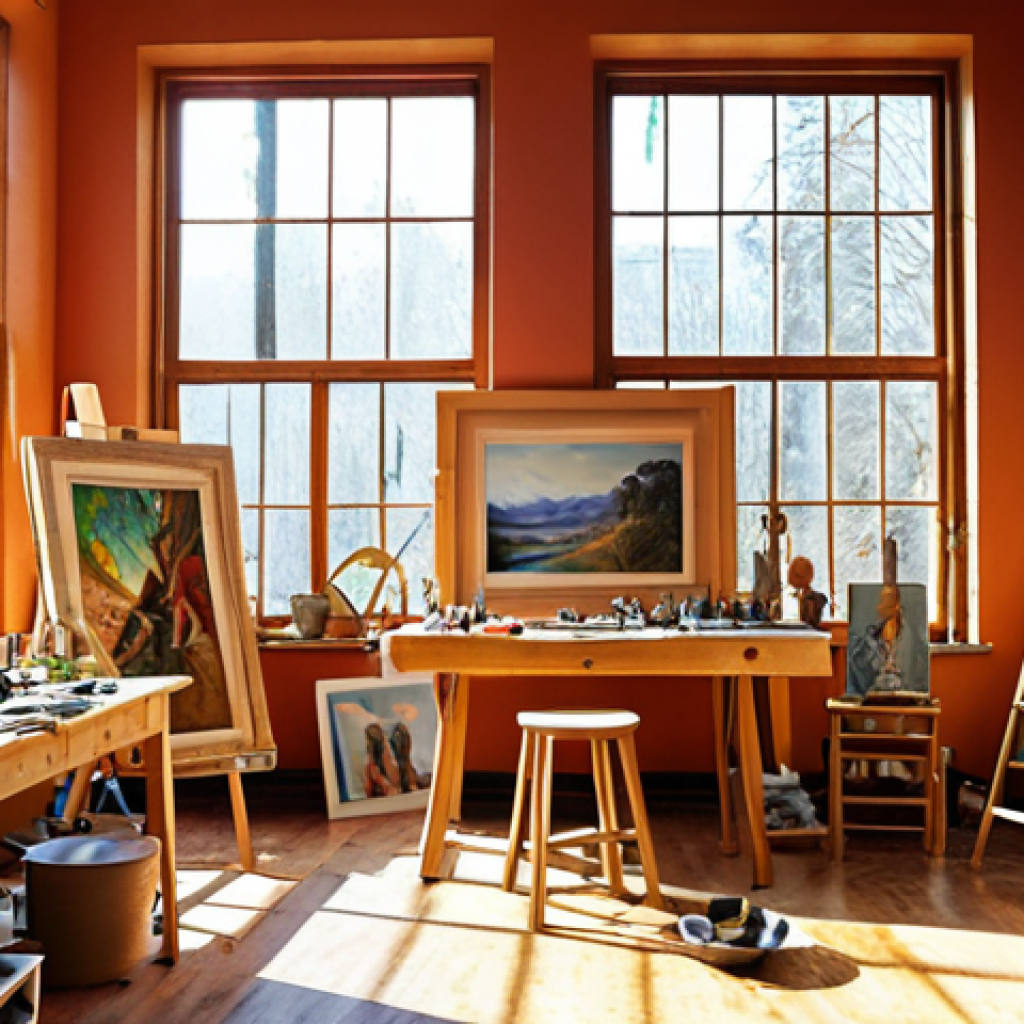 **A vibrant, sunlit artist studio with large windows, filled with paintings, sculptures, and tools. A diverse group of artists are collaborating and creating in this inspiring space. Style: Impressionistic, warm color palette.**