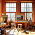 **A vibrant, sunlit artist studio with large windows, filled with paintings, sculptures, and tools. A diverse group of artists are collaborating and creating in this inspiring space. Style: Impressionistic, warm color palette.**