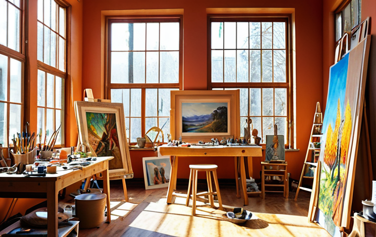 **A vibrant, sunlit artist studio with large windows, filled with paintings, sculptures, and tools. A diverse group of artists are collaborating and creating in this inspiring space. Style: Impressionistic, warm color palette.**
