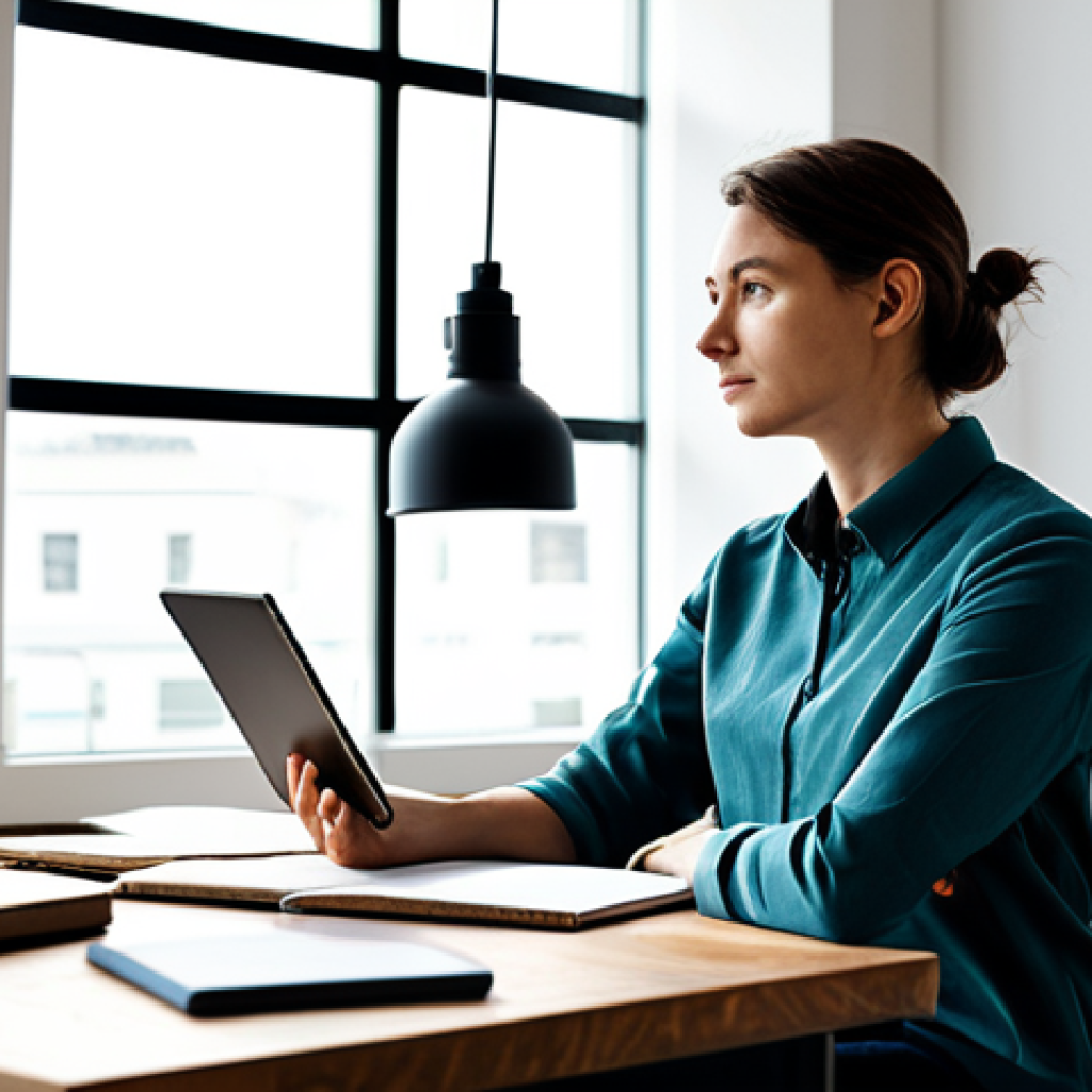 A focused professional content creator, dressed in a modest, stylish, and comfortable business-casual outfit, sits at a clean, modern desk in a bright, minimalist creative studio. Natural light streams in from a large window, revealing subtle artistic elements like a sketchbook and a tablet on the desk. The individual is engaged in deep work, contemplating an idea with a natural pose. Perfect anatomy, correct proportions, well-formed hands, proper finger count, natural body proportions. Safe for work, appropriate content, fully clothed, professional. High-quality professional photography, realistic, detailed.