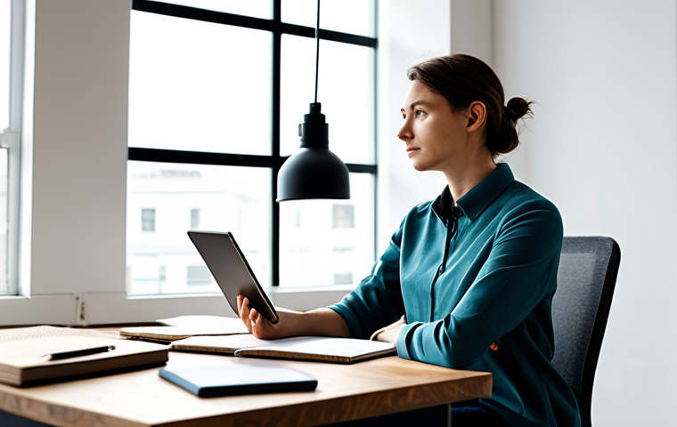 A focused professional content creator, dressed in a modest, stylish, and comfortable business-casual outfit, sits at a clean, modern desk in a bright, minimalist creative studio. Natural light streams in from a large window, revealing subtle artistic elements like a sketchbook and a tablet on the desk. The individual is engaged in deep work, contemplating an idea with a natural pose. Perfect anatomy, correct proportions, well-formed hands, proper finger count, natural body proportions. Safe for work, appropriate content, fully clothed, professional. High-quality professional photography, realistic, detailed.
