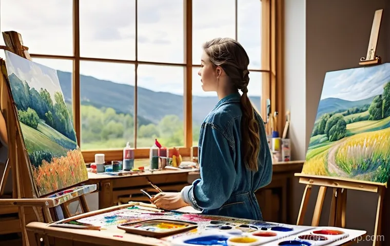 창작자 레지던시 참여 자격 요건 - **Prompt 1: Creative Immersion in a Studio**
    A young artist, male or female, with expressive eye...