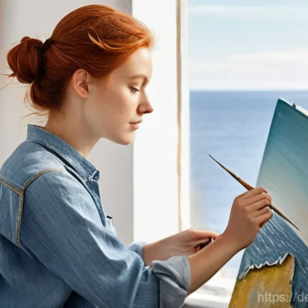 창작자 레지던시 프로그램 종류 비교 - **Prompt:** A female painter in her late 20s, with auburn hair tied back in a messy bun, is deeply f...