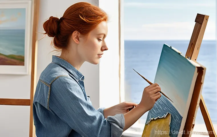 창작자 레지던시 프로그램 종류 비교 - **Prompt:** A female painter in her late 20s, with auburn hair tied back in a messy bun, is deeply f...