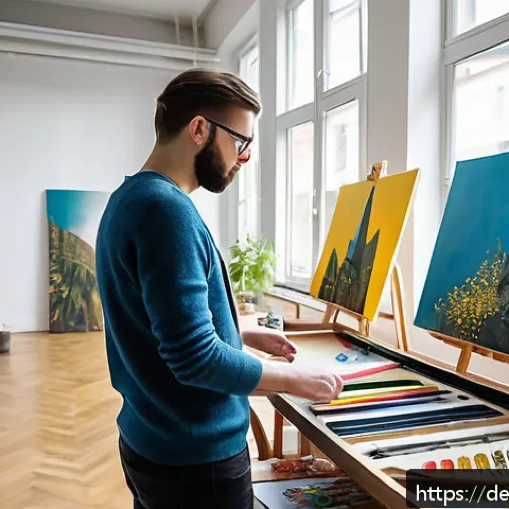 창작자 레지던시 운영기관의 지원 내용 분석 - A bright, modern artist’s studio in Berlin, filled with natural light from large windows, featuring ...