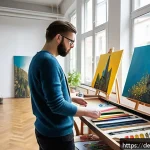 Home 19 창작자 레지던시 운영기관의 지원 내용 분석 - A bright, modern artist’s studio in Berlin, filled with natural light from large windows, featuring ...