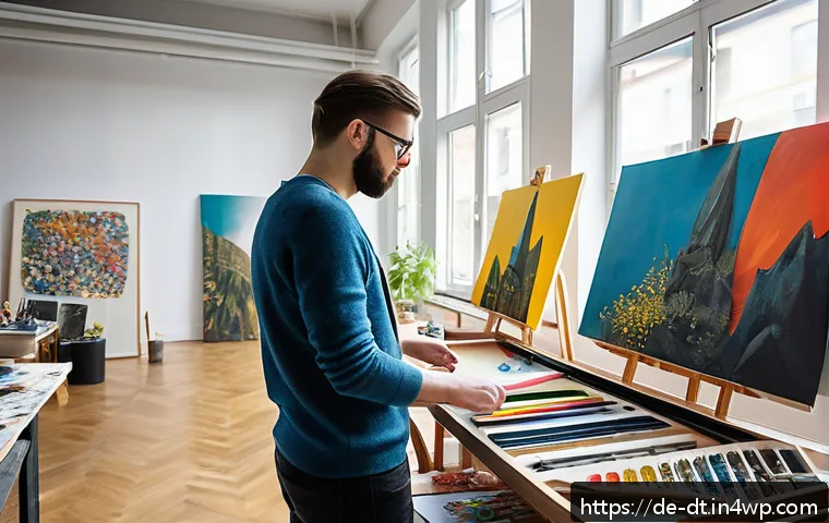창작자 레지던시 운영기관의 지원 내용 분석 - A bright, modern artist’s studio in Berlin, filled with natural light from large windows, featuring ...