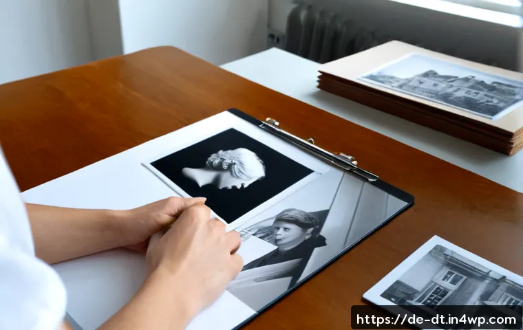 창작자 레지던시 선정 포트폴리오 작성법 - Photorealistic over-the-shoulder view of a German visual artist carefully arranging a polished resid...
